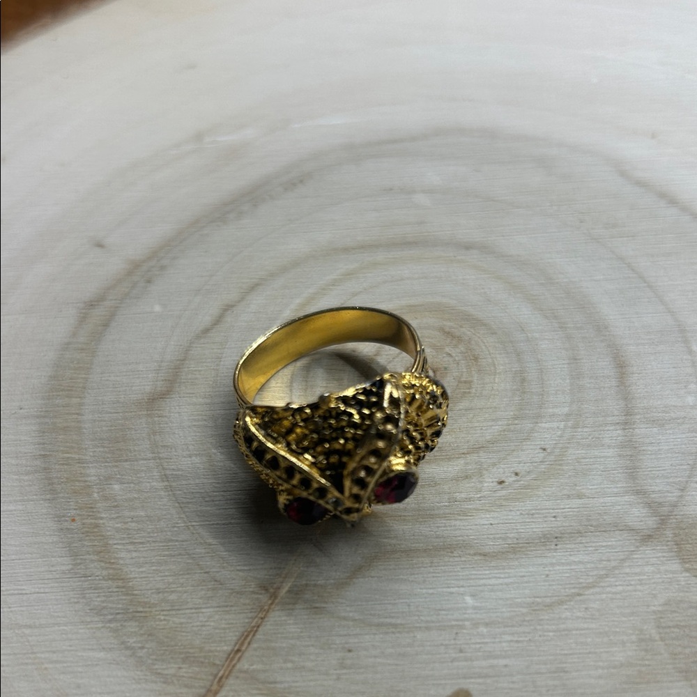 Intricate Gold Owl Ring with Ruby Highlights - Picture 2 of 5